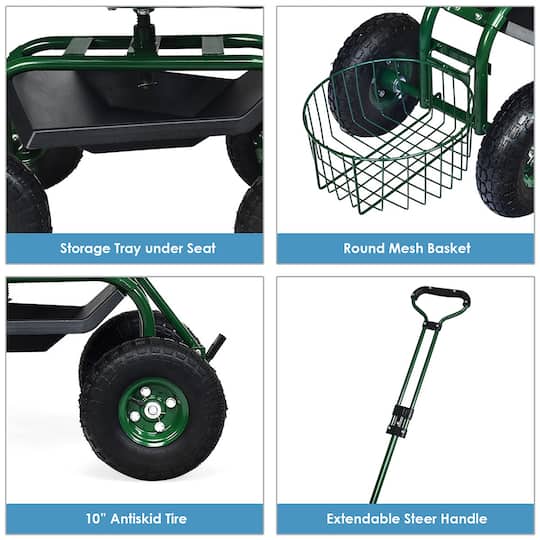 Costway Green & Black Garden Cart Rolling Work Seat with Tray Basket Extendable Handle